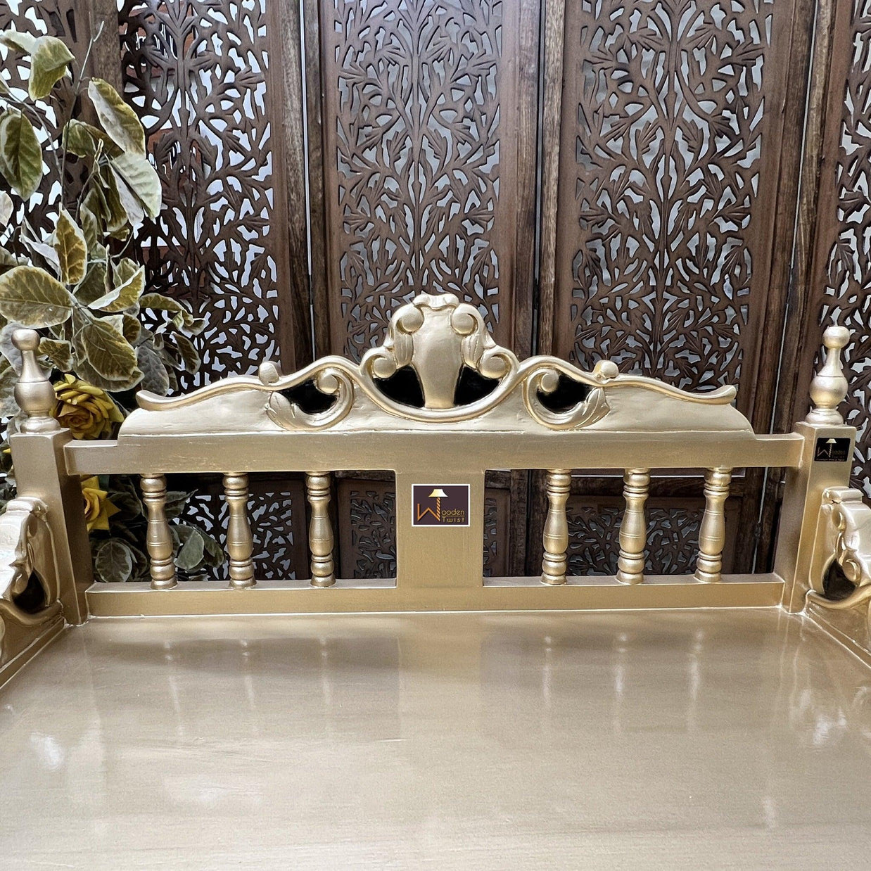 Royal Gold Carved Teak Wood Study Table with Chair - WoodenTwist