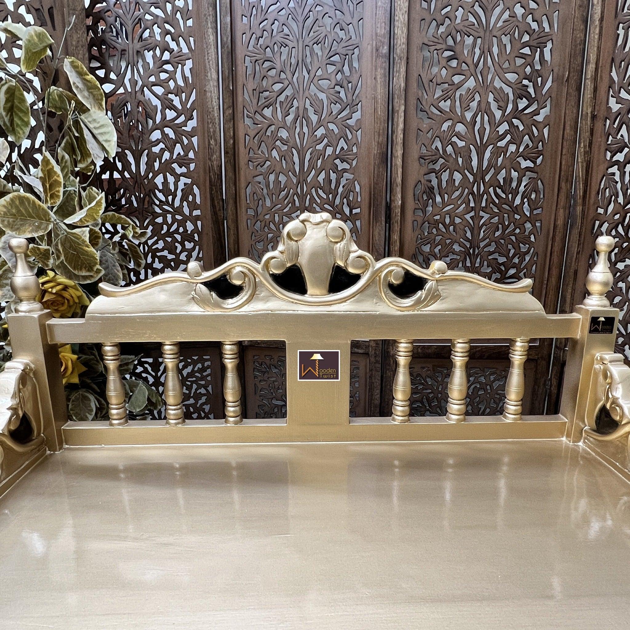 Royal Gold Carved Teak Wood Study Table with Chair - WoodenTwist