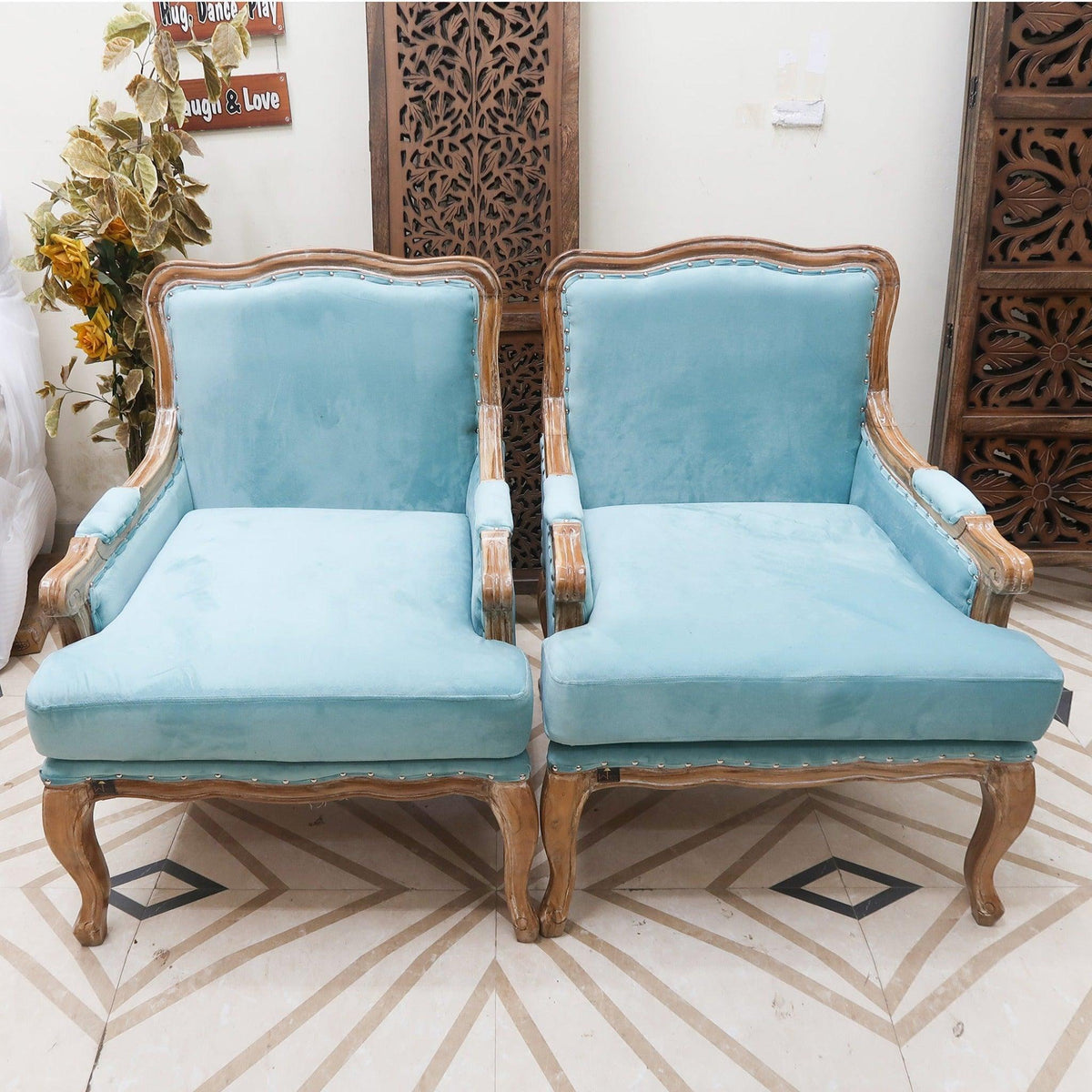 Buy Wooden Bransford Arm Chair Light Blue Set of 2 Online at