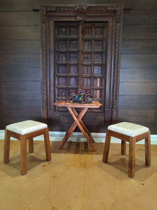 Teak Wood Stool Set with Patterned Fabric Upholstery - WoodenTwist