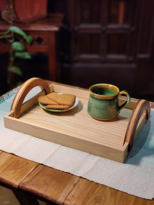 Pine Wood Tray with Curved Teak and Pine Combination Handle - WoodenTwist