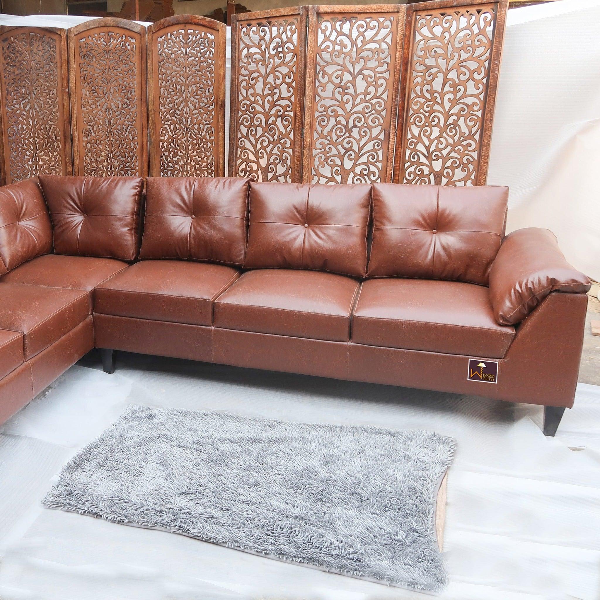 Elizalina 6 Seater LHS Corner L Shape Sofa In Brown Leatherette - WoodenTwist