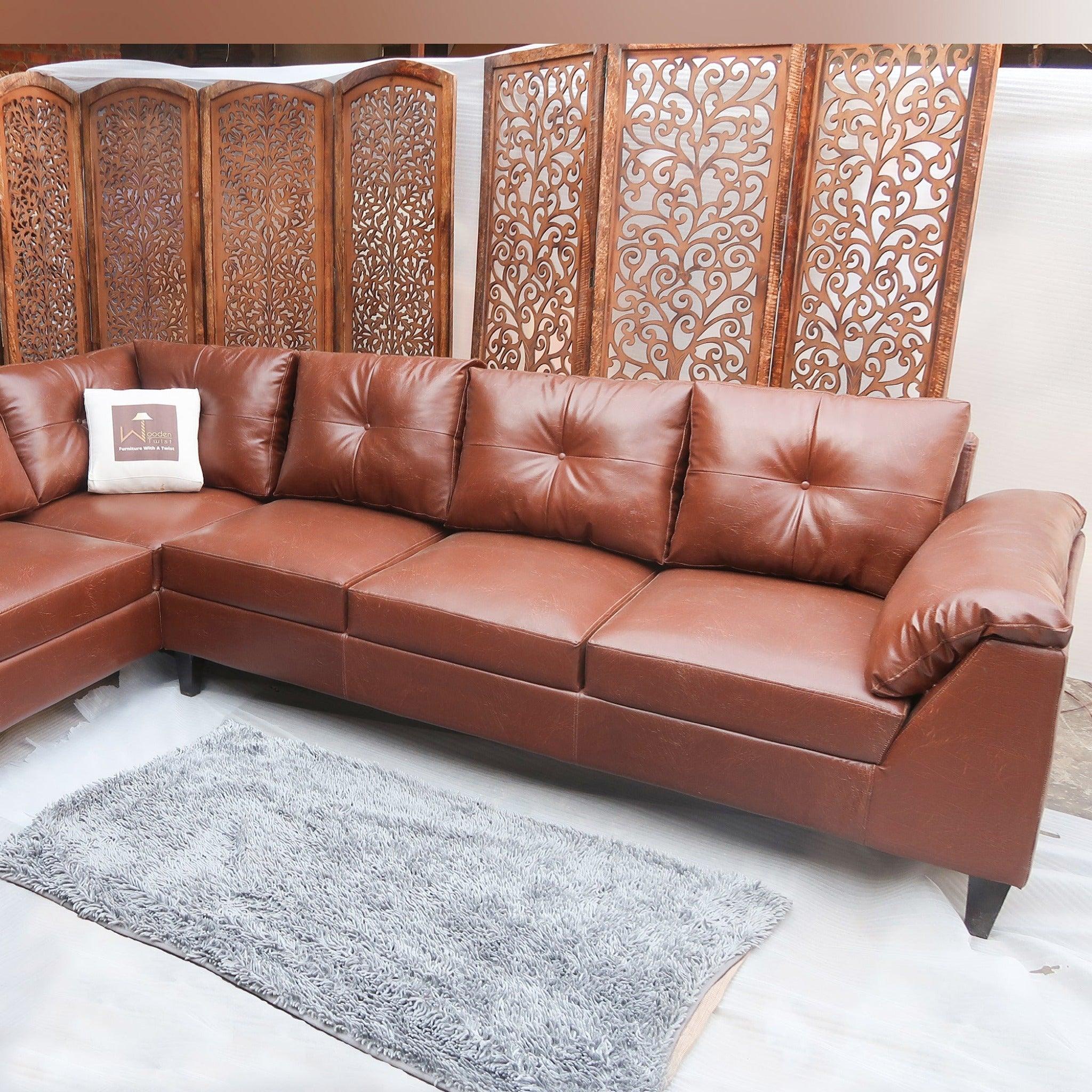 Elizalina 6 Seater LHS Corner L Shape Sofa In Brown Leatherette - WoodenTwist