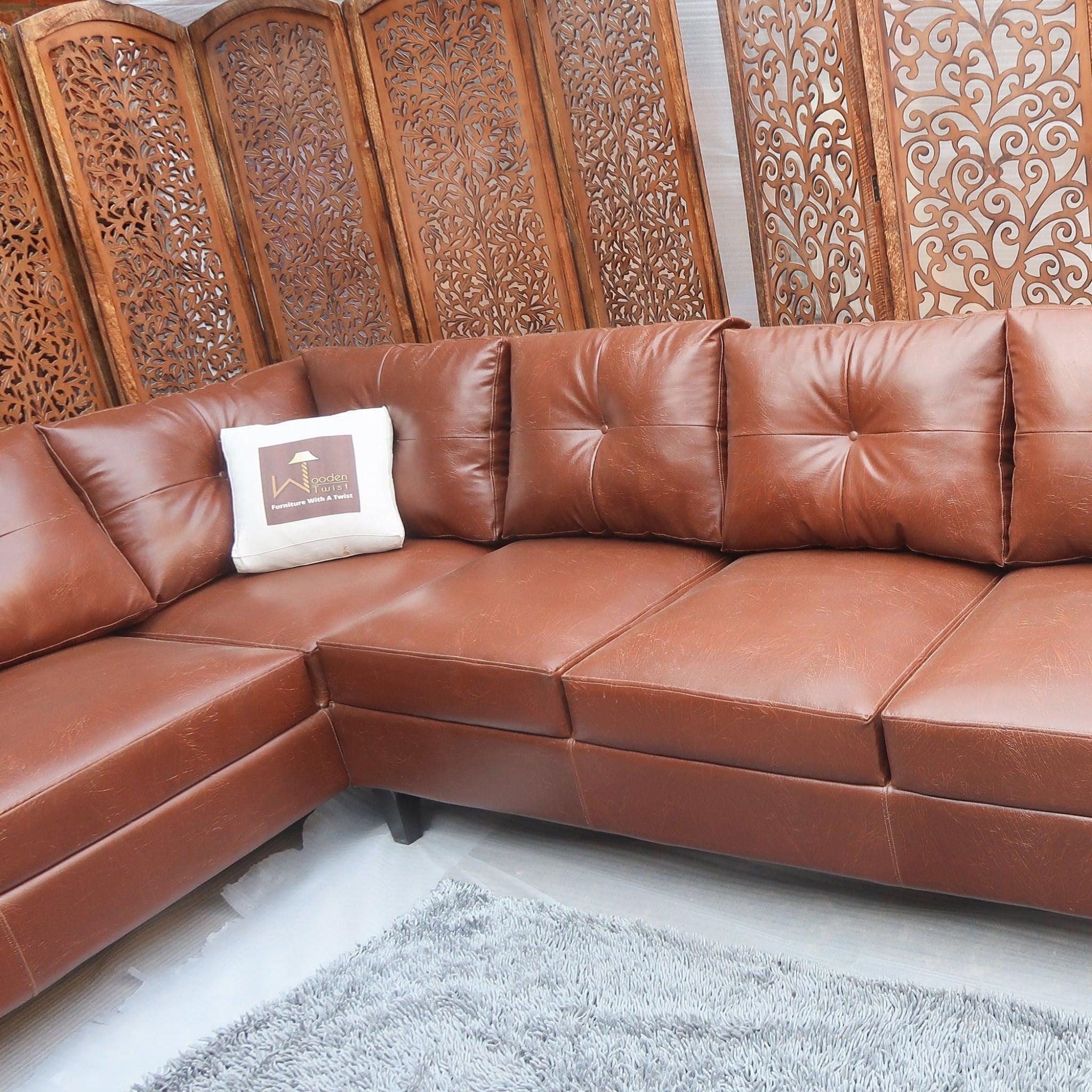 Elizalina 6 Seater LHS Corner L Shape Sofa In Brown Leatherette - WoodenTwist