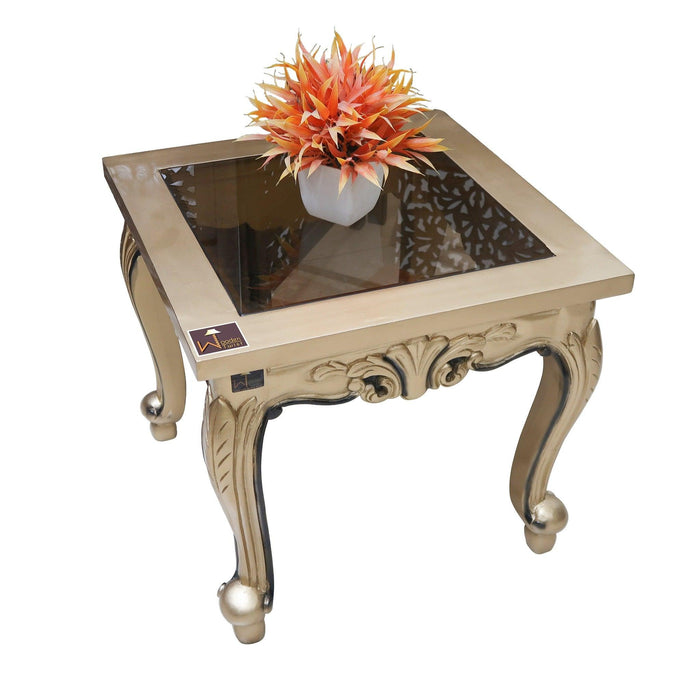 Hand Carved Gracious Teak Wood End Table for Home Décor (Golden Finish) - WoodenTwist