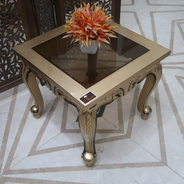 Hand Carved Gracious Teak Wood End Table for Home Décor (Golden Finish) - WoodenTwist