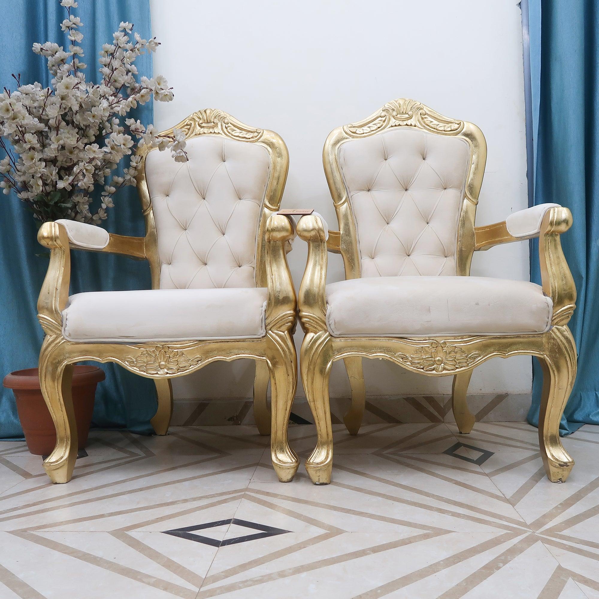 Wooden Hand Carved Antique Gold Finish Arm Chair (Set of 2) - WoodenTwist