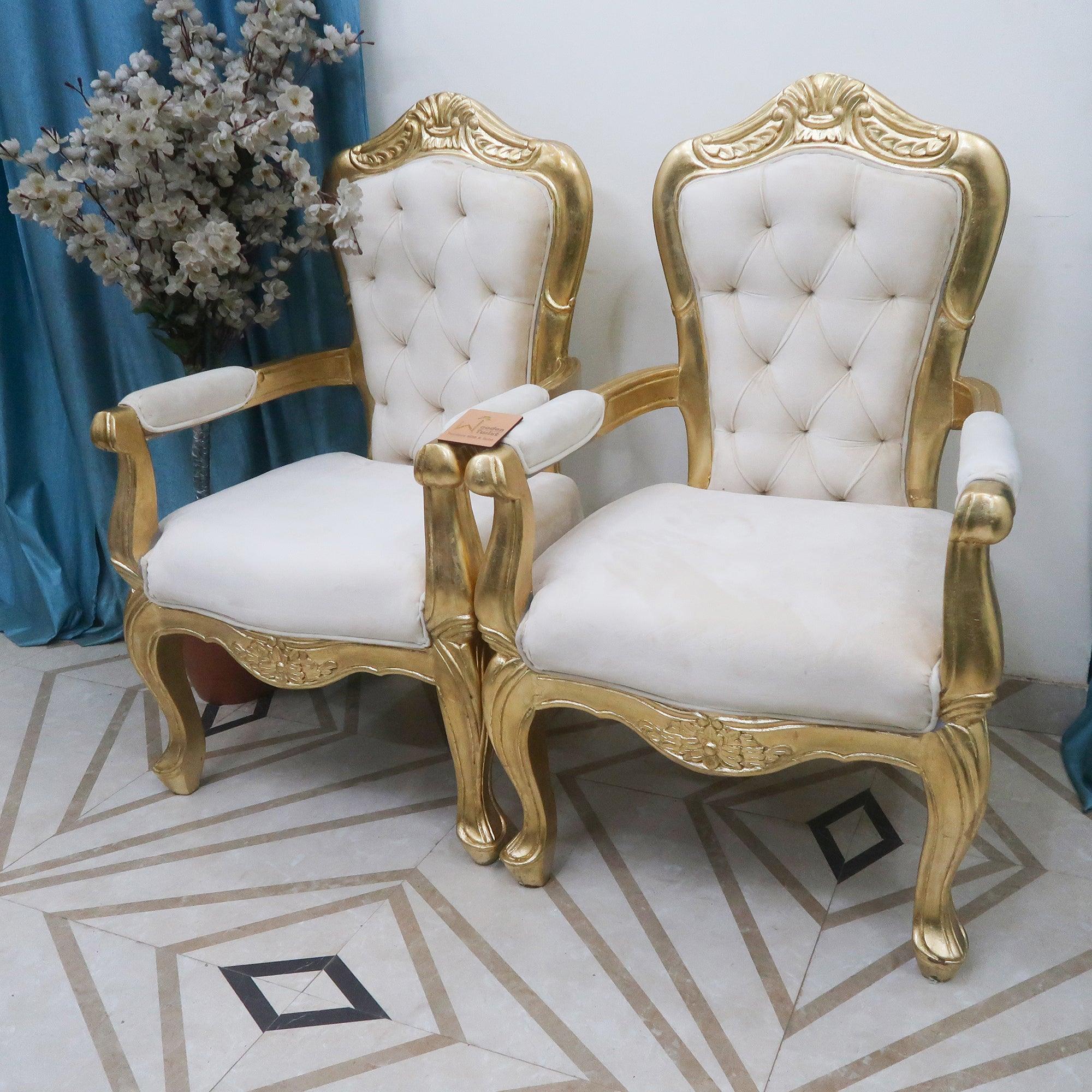 Wooden Hand Carved Antique Gold Finish Arm Chair (Set of 2) - WoodenTwist