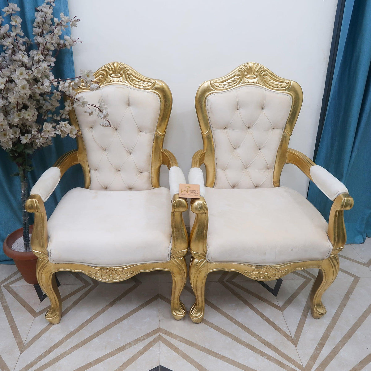 Hand Carved Antique Gold Arm Chair Set of 2