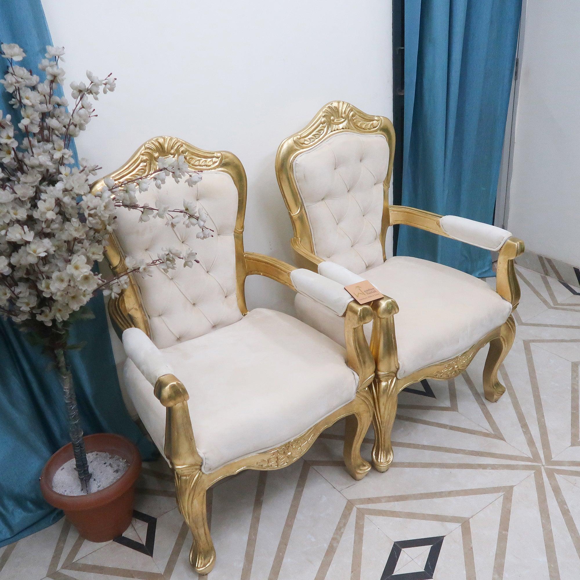 Wooden Hand Carved Antique Gold Finish Arm Chair (Set of 2) - WoodenTwist