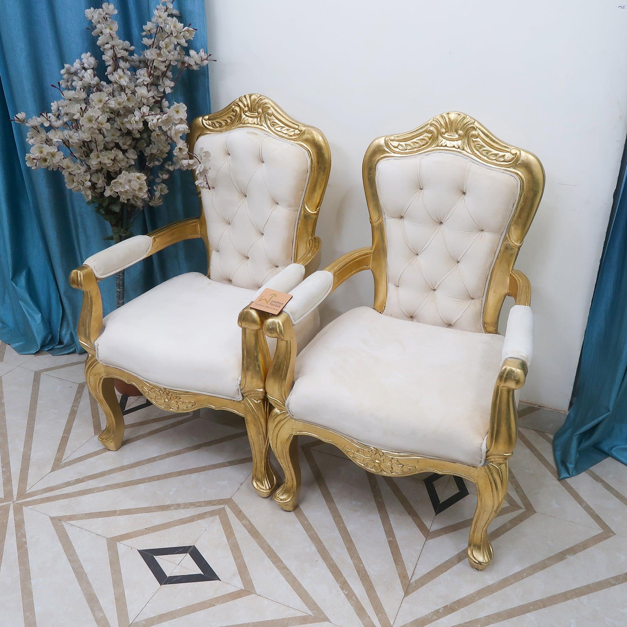 Wooden Hand Carved Antique Gold Finish Arm Chair (Set of 2) - WoodenTwist