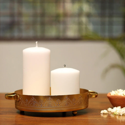 Metal Candle Tray With Handle With Hand Etched Design - WoodenTwist