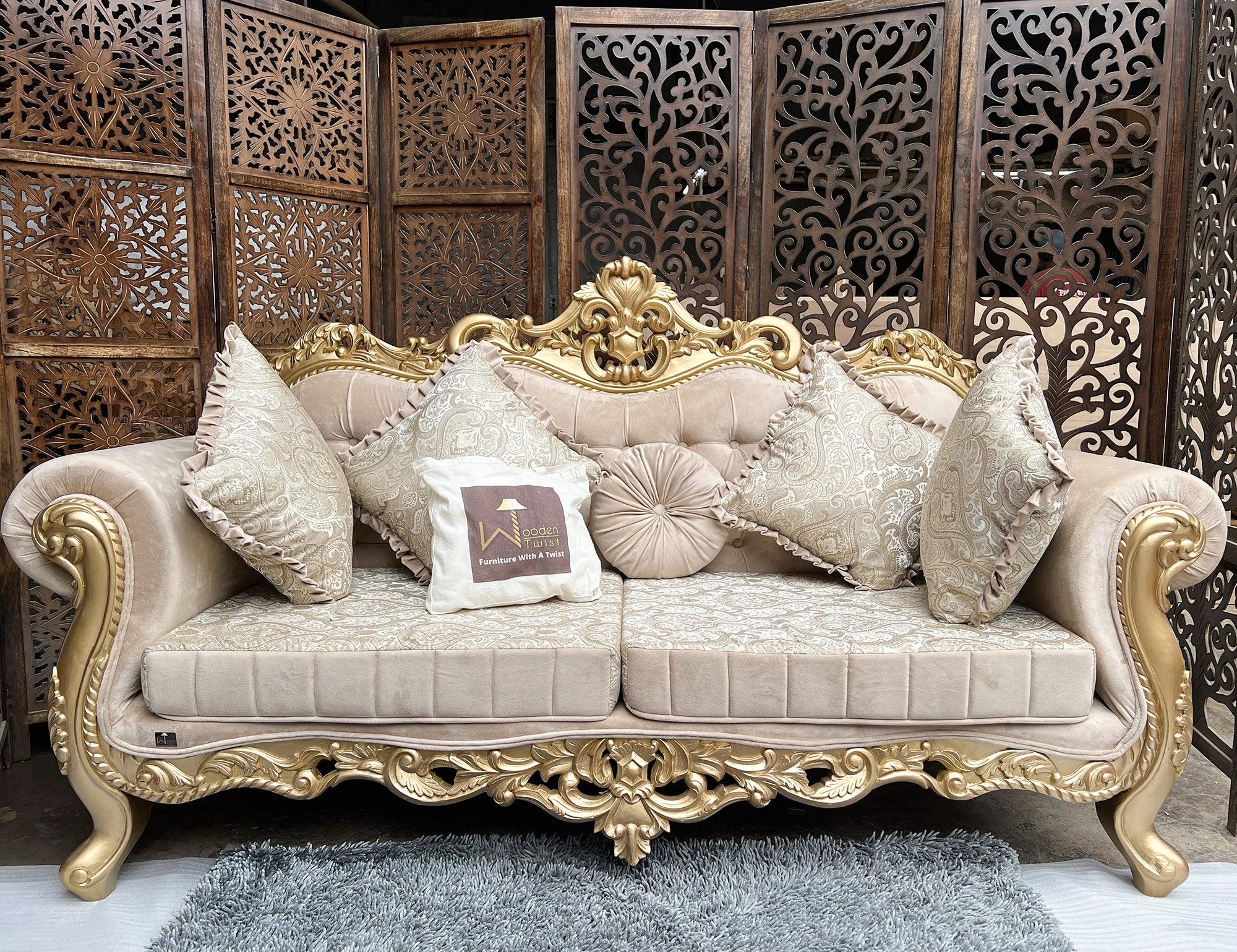 Handmade Royal Antique Golden Finish Carved Sofa (3 Seater) - WoodenTwist