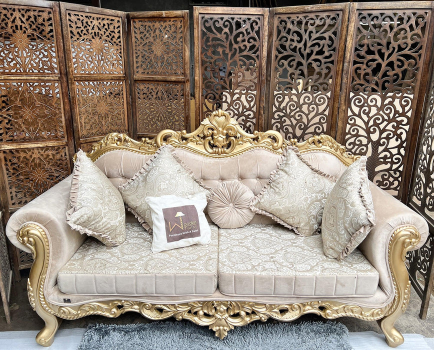 Handmade Royal Antique Golden Finish Carved Sofa (3 Seater) - WoodenTwist