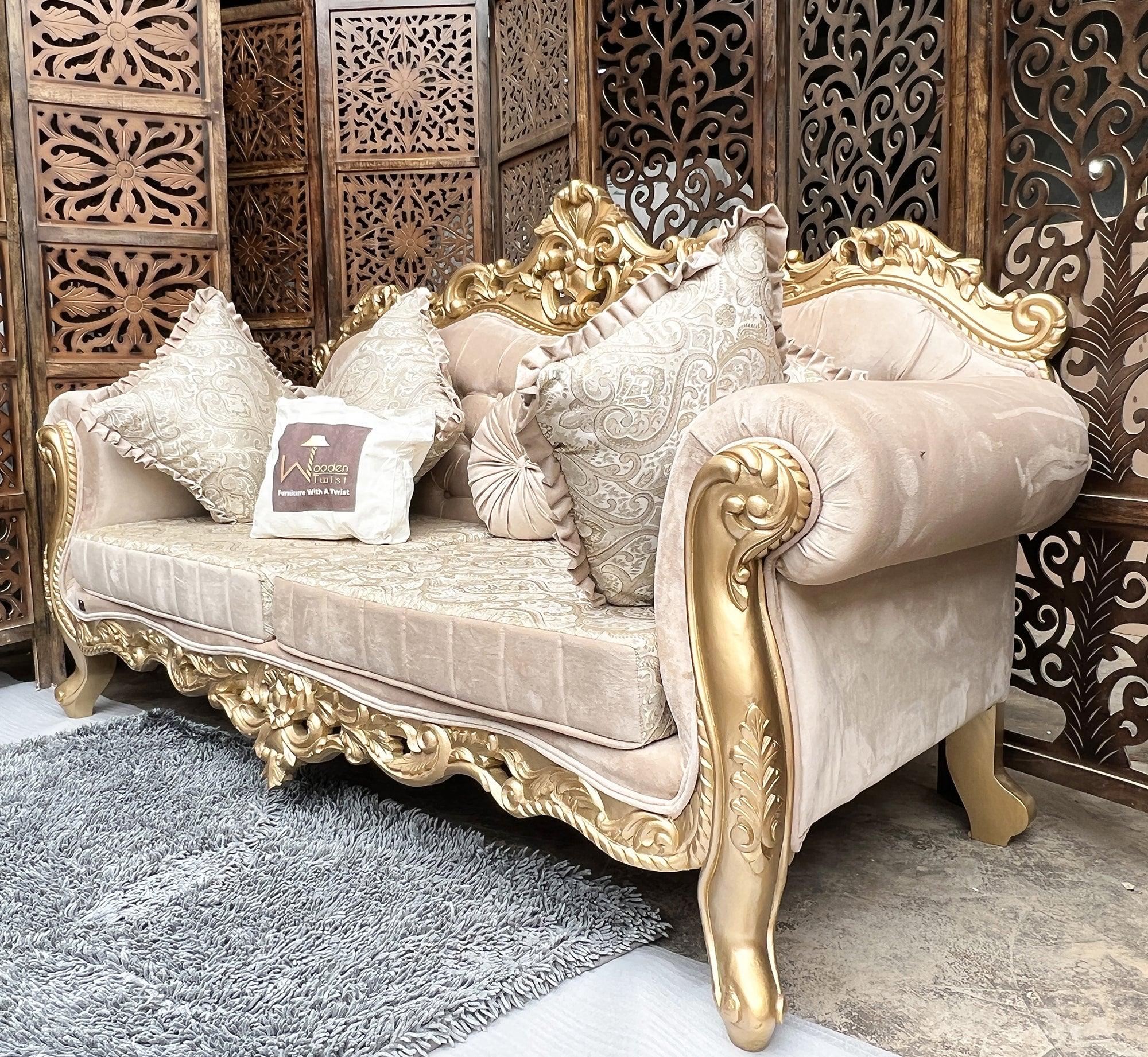 Handmade Royal Antique Golden Finish Carved Sofa (3 Seater) - WoodenTwist