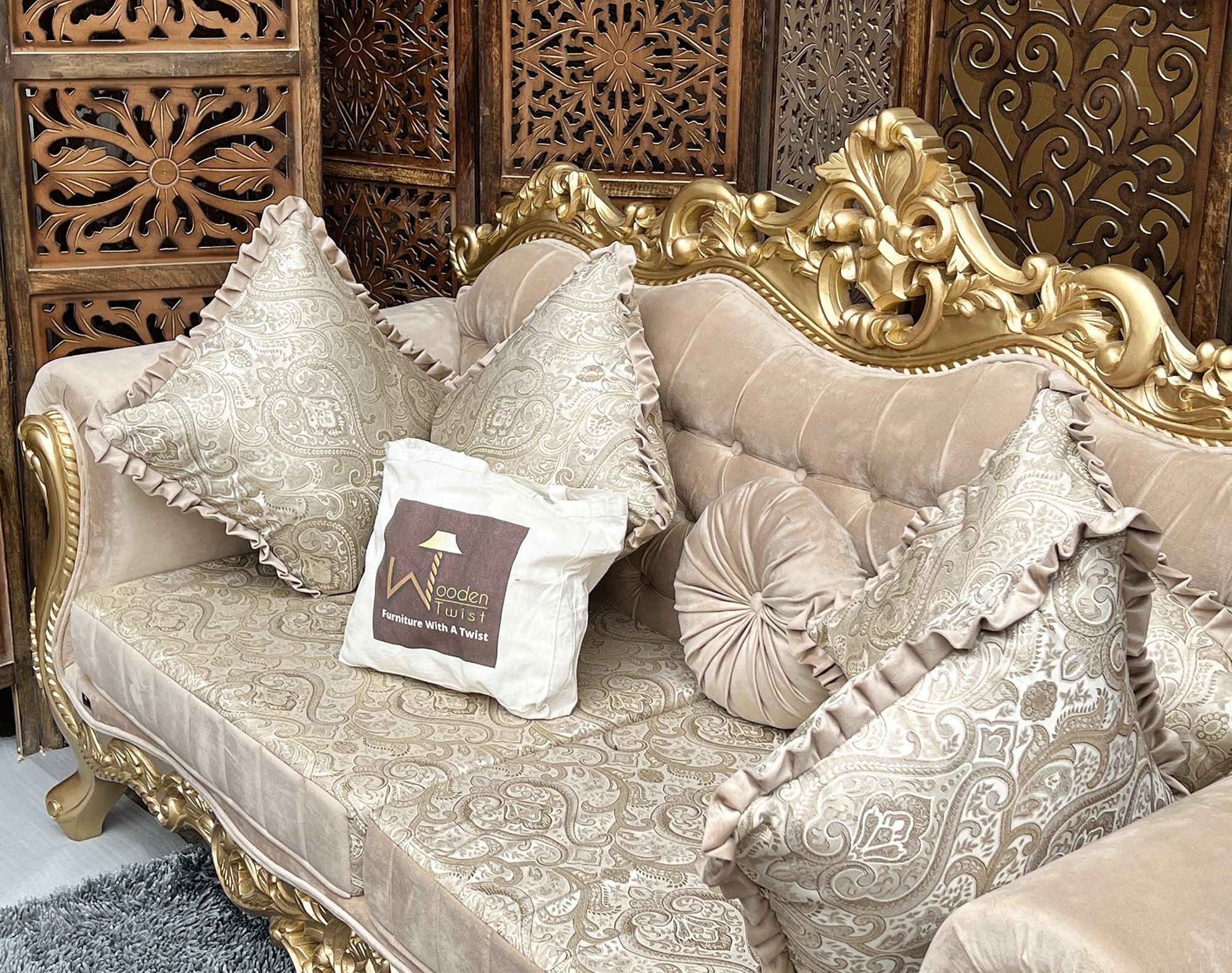 Handmade Royal Antique Golden Finish Carved Sofa (3 Seater) - WoodenTwist