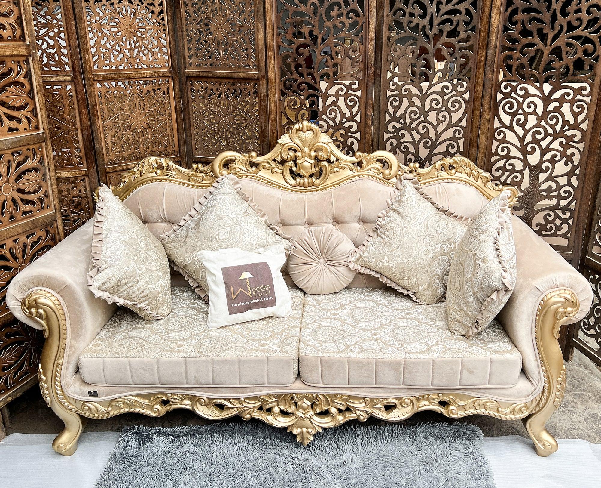 Handmade Royal Antique Golden Finish Carved Sofa (3 Seater) - WoodenTwist