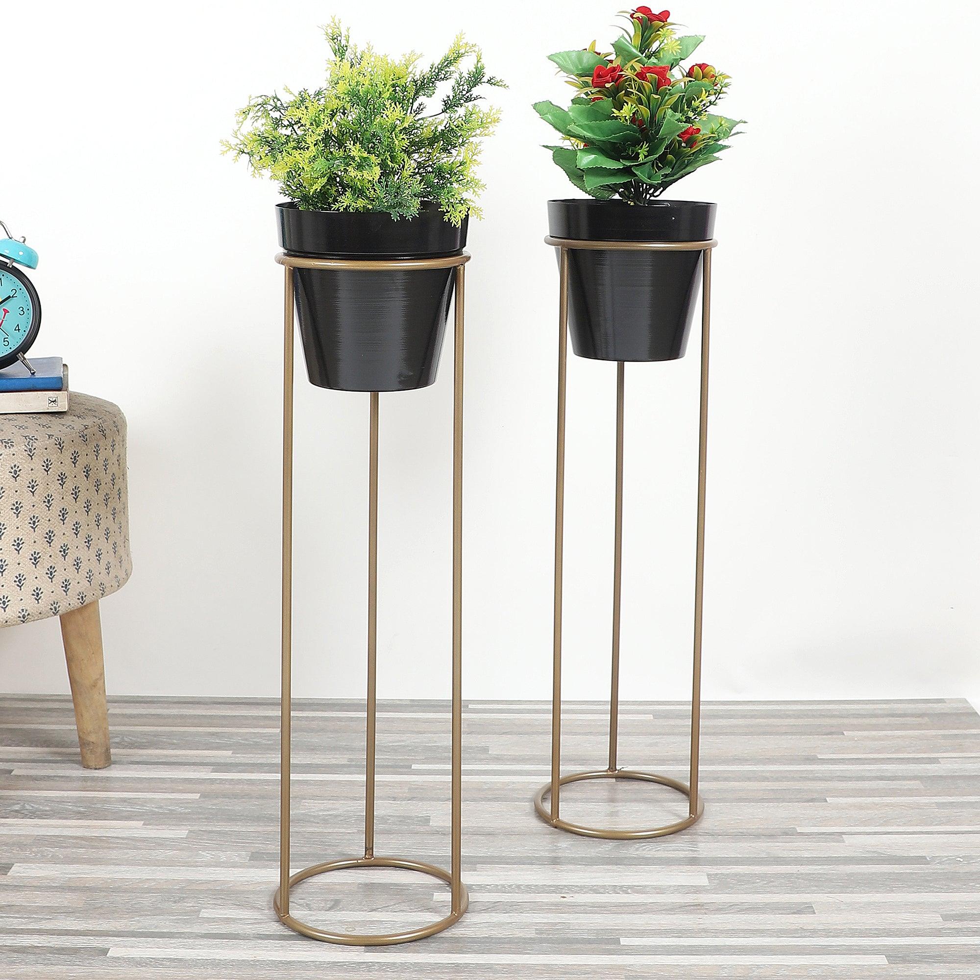 Big Pot Shape Planter Gold & Black with Wide Stand (Set of 2) - WoodenTwist