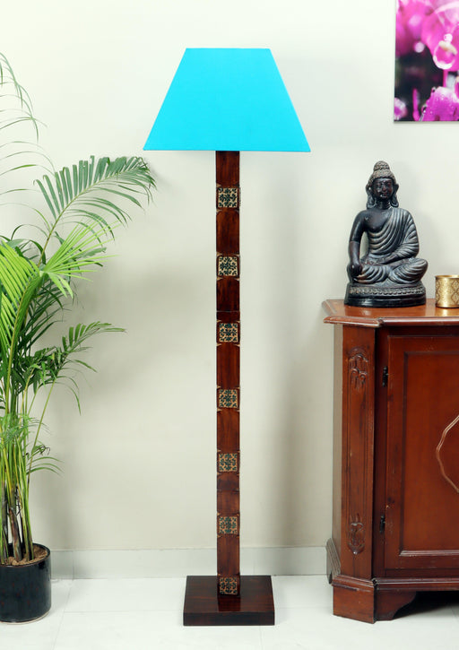 Amogh Brown and Teal Floor Lamp with Teal Shade - WoodenTwist