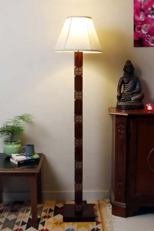 Amogh Brown and off white Floor Lamp with Beige Soft Shade - WoodenTwist
