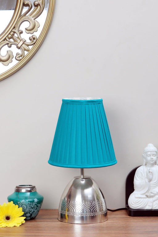 Utsav Silver plated Table Lamp with Teal pleated shade - WoodenTwist