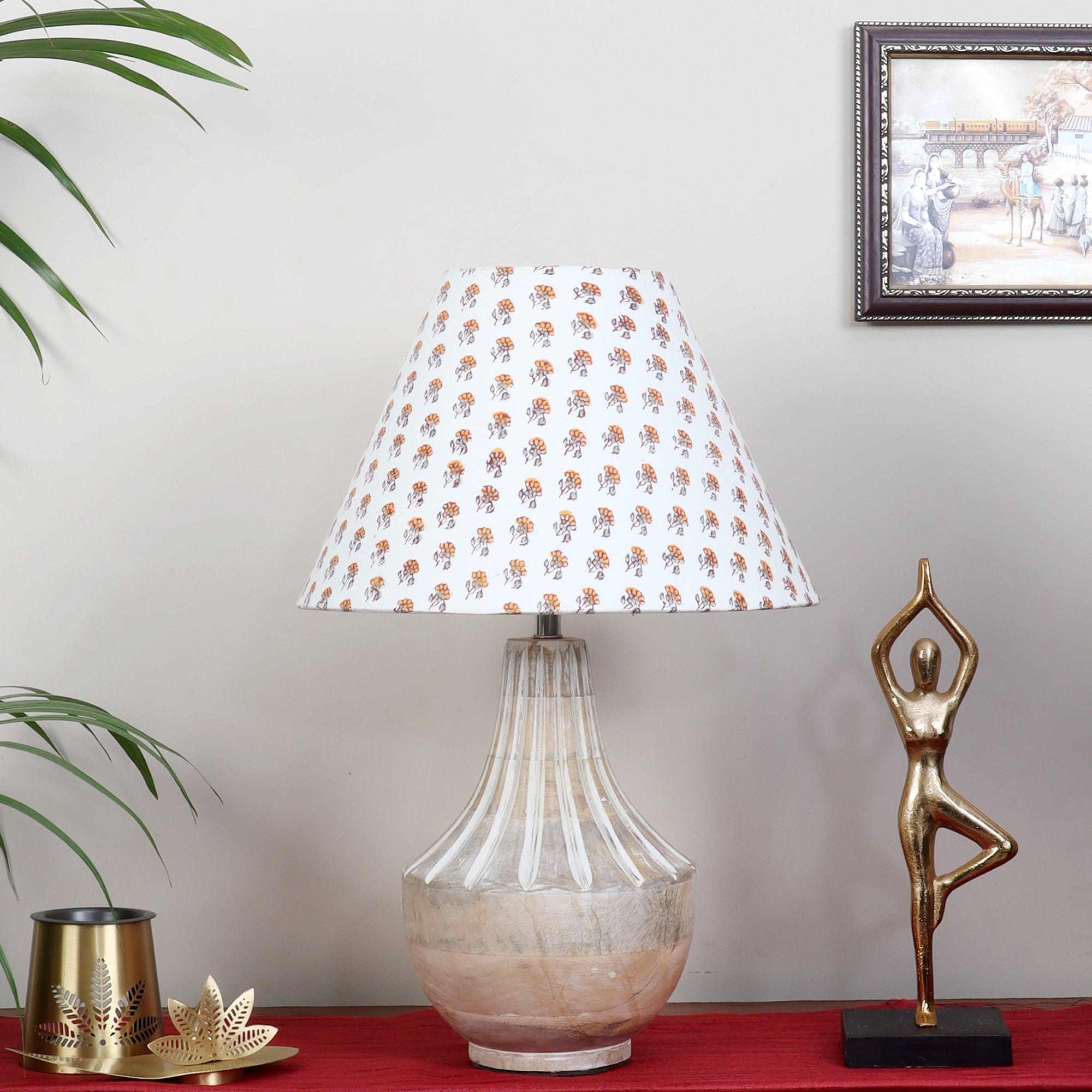 Ektara Table Lamp with Yellow Printed Shade - WoodenTwist