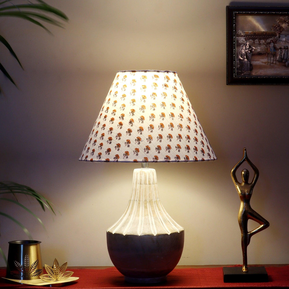 Ektara Table Lamp with Yellow Printed Shade - WoodenTwist