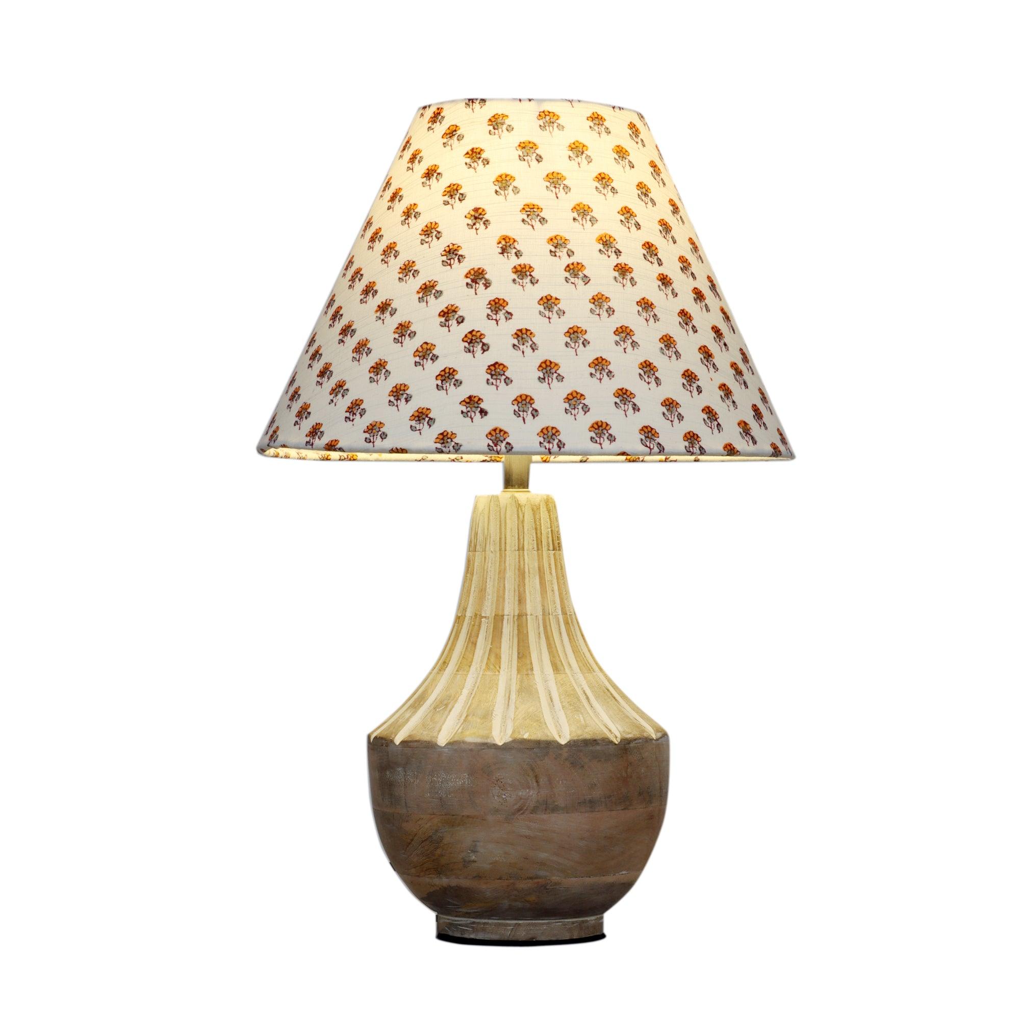 Ektara Table Lamp with Yellow Printed Shade - WoodenTwist