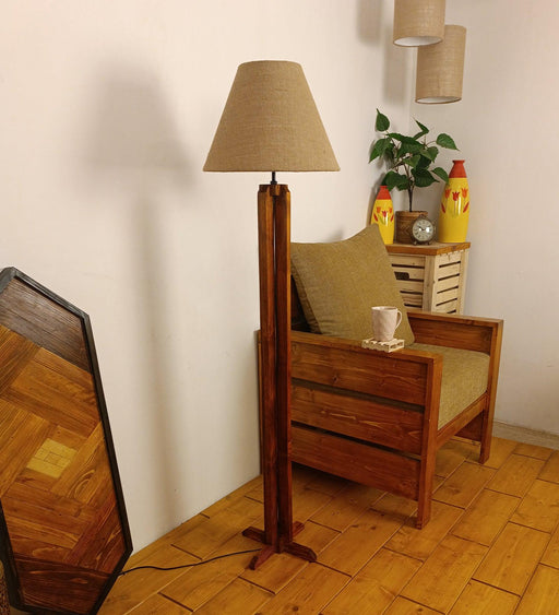 Stella Wooden Floor Lamp with Premium Beige Fabric Lampshade - WoodenTwist
