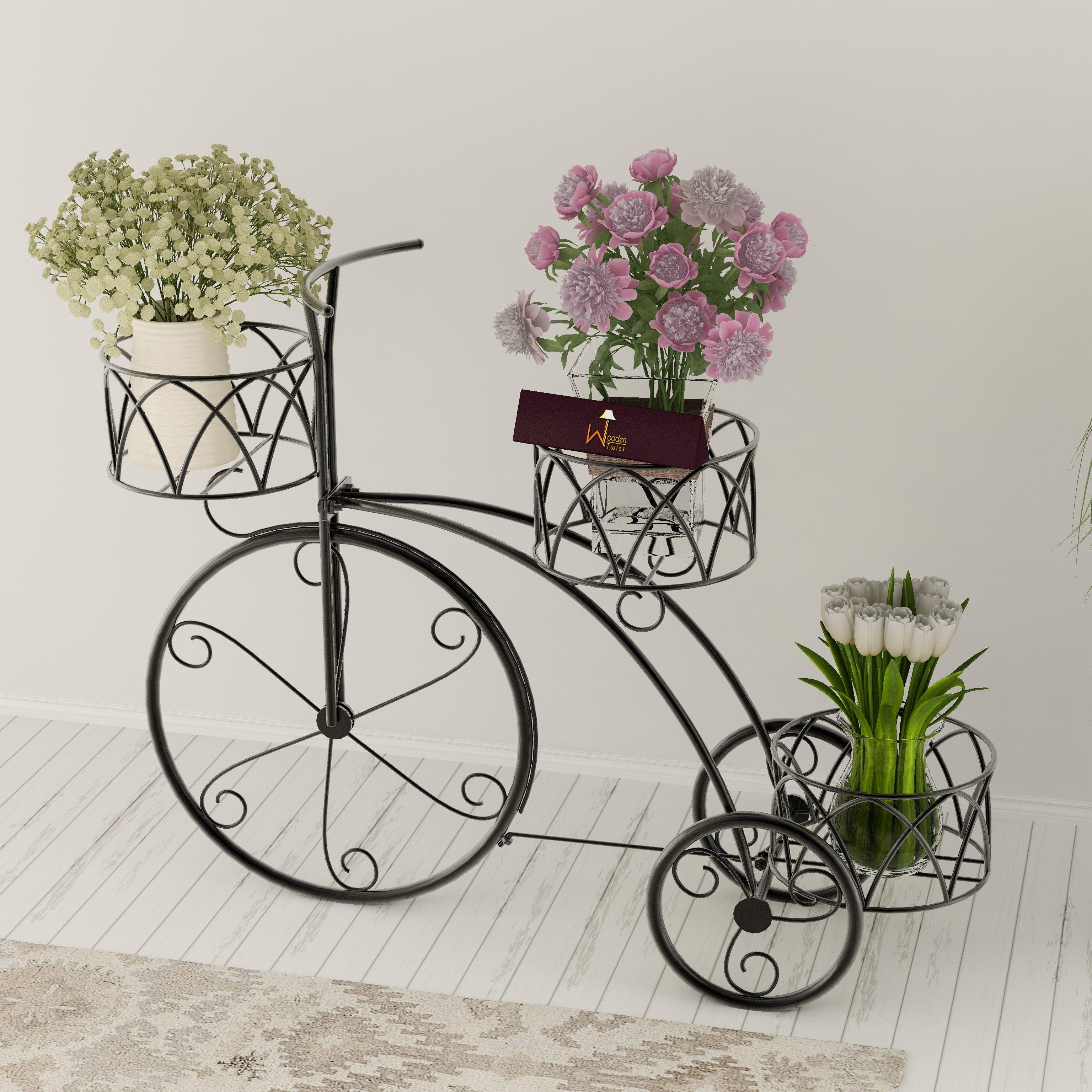 Garden Cart Planter Stand Tricycle Plant Holder - Ideal for Home, Garden, Patio (White) - WoodenTwist