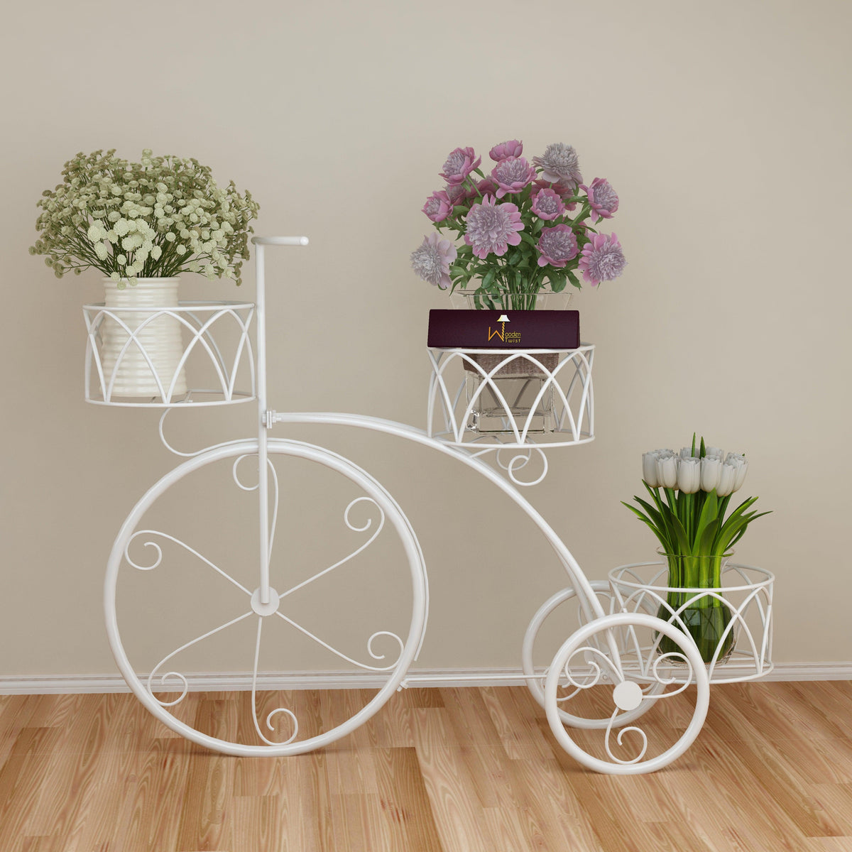 Garden Cart Planter Stand Tricycle Plant Holder - Ideal for Home, Garden, Patio (White) - WoodenTwist