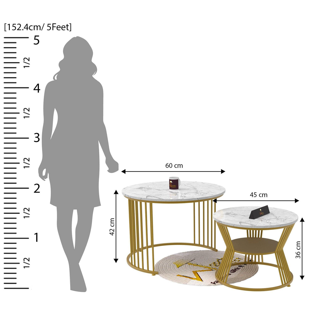 Wooden Twist Stylish Look Round Wrought Iron Coffee Table Set of 2 ( Golden ) - WoodenTwist