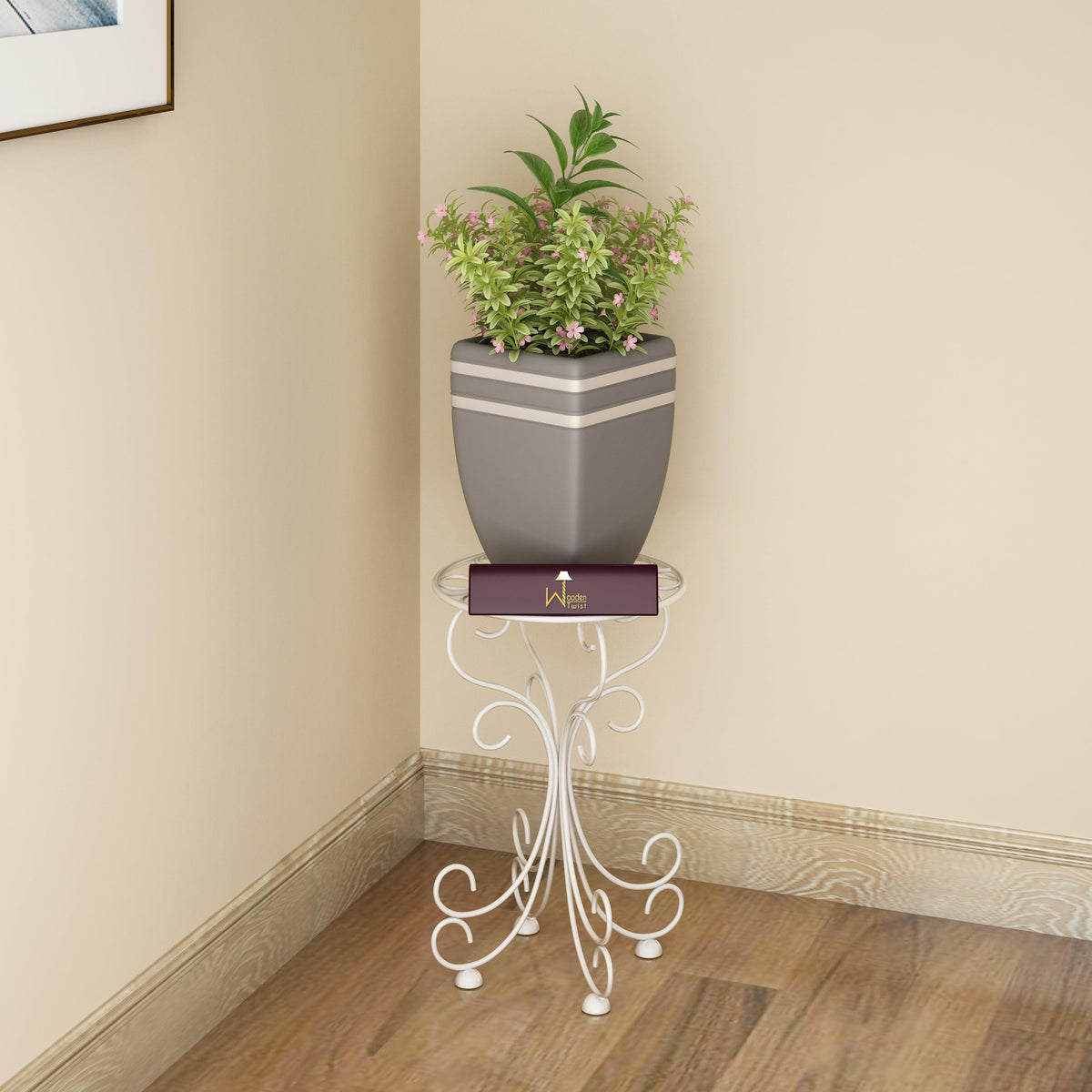 Metal Plant Stand Patio Indoor Outdoor Wrought Iron/Flowers Planter Shelf (1 Tier White) - WoodenTwist