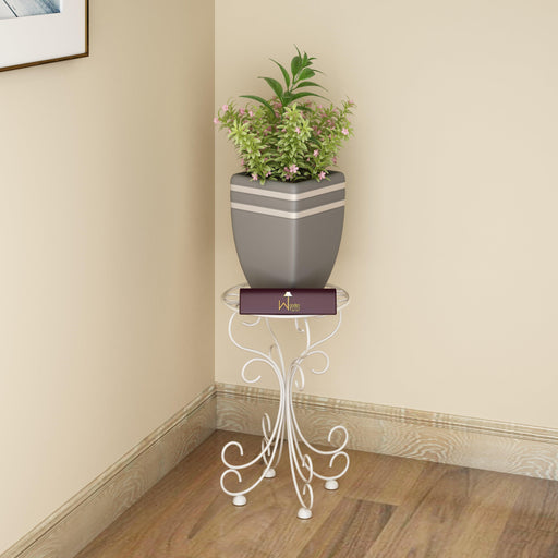 Metal Plant Stand Patio Indoor Outdoor Wrought Iron/Flowers Planter Shelf (1 Tier White) - WoodenTwist