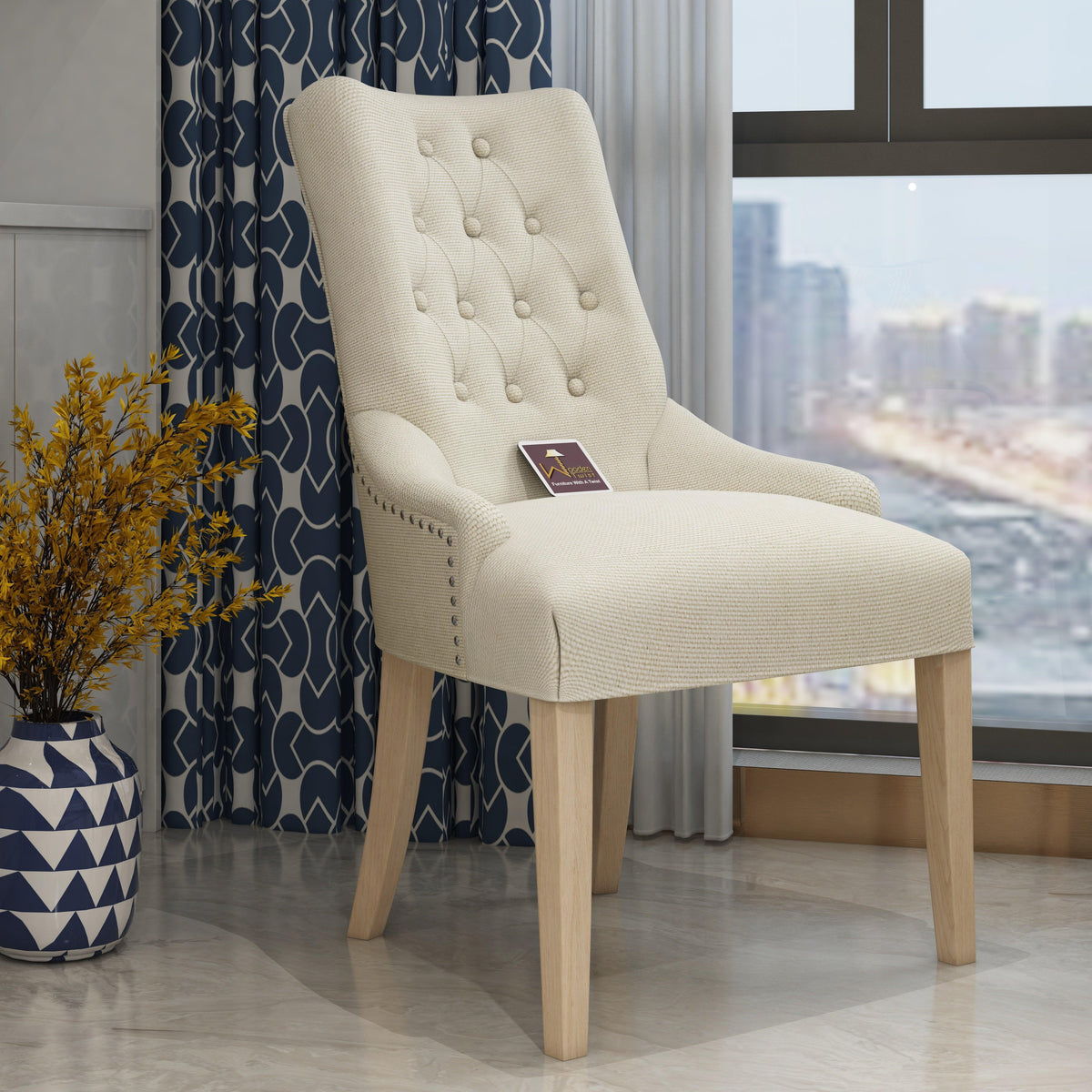 Crystalline Tufted Wingback Chair in Teak Wood