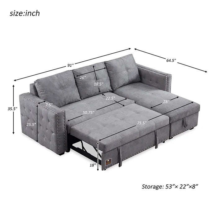 Modern Style 5 Seater Right-Side L-Shape Sofa Cum Bed with Comfort Cushion - WoodenTwist