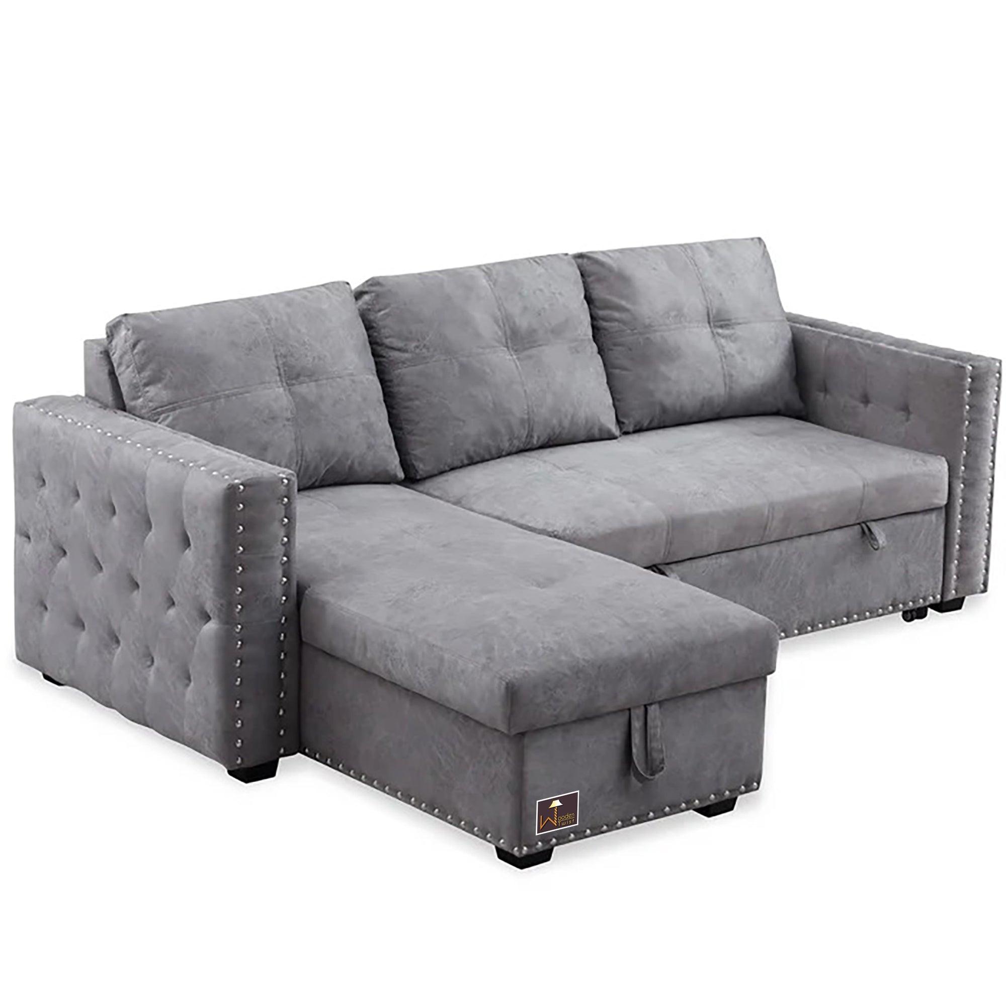 Wooden Twist Sectional Sleeper 5 Seater L Shape Sofa Bed With Comfort Cushion