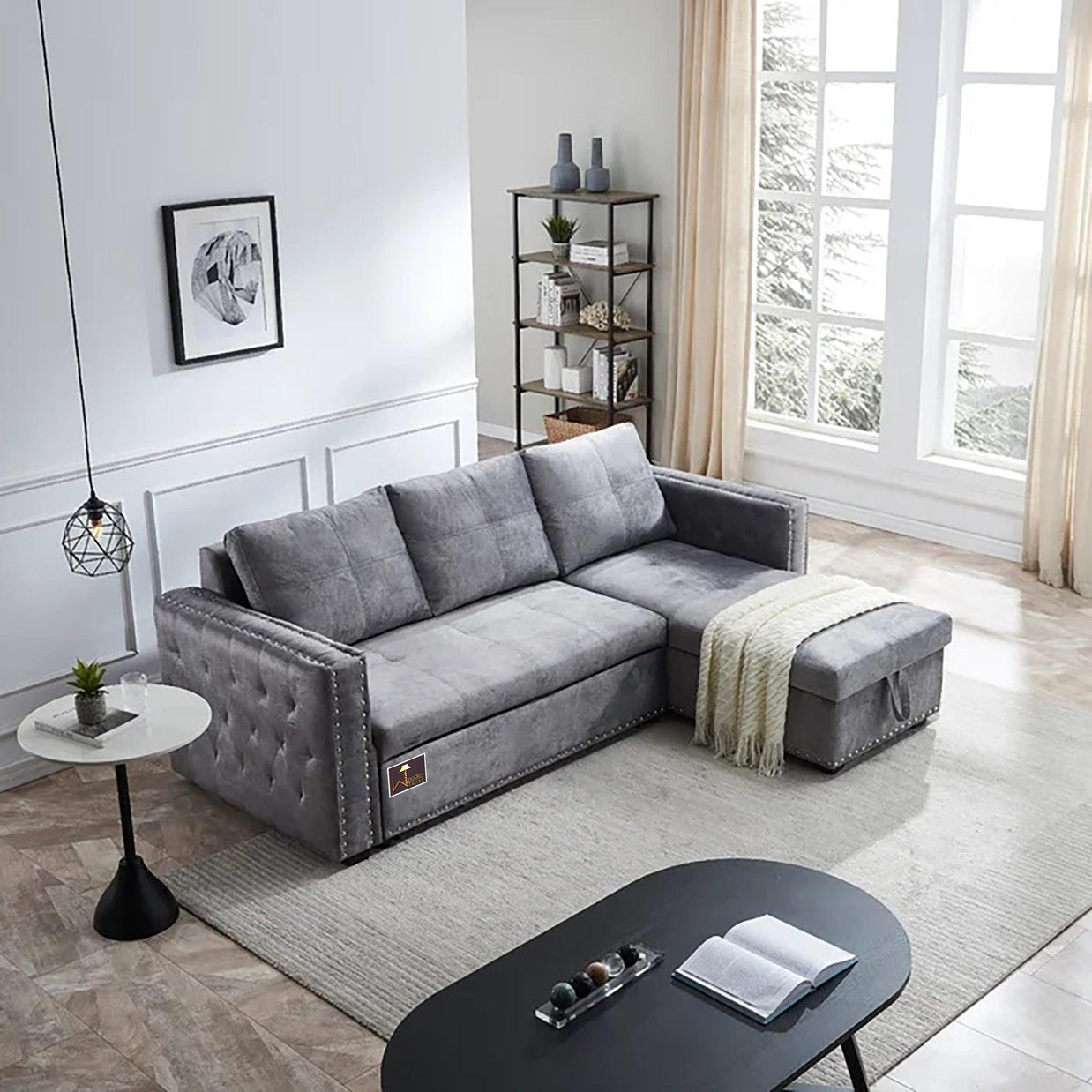 Modern Style 5 Seater Right-Side L-Shape Sofa Cum Bed with Comfort Cushion - WoodenTwist