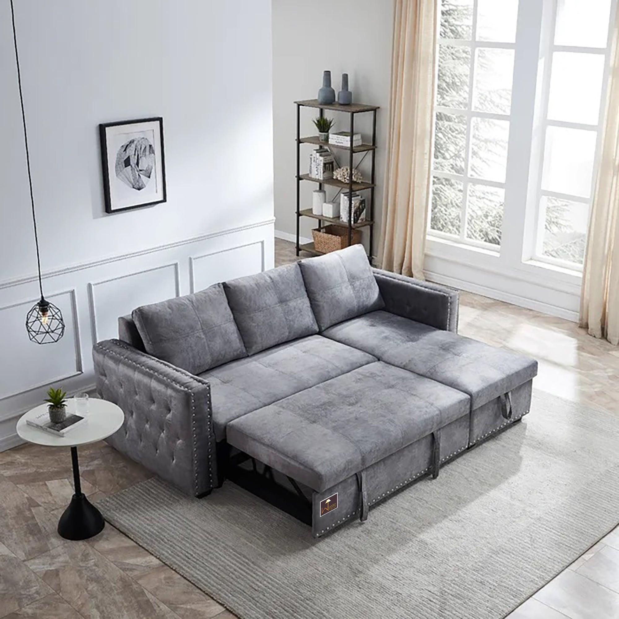 Modern Style 5 Seater Right-Side L-Shape Sofa Cum Bed with Comfort Cushion - WoodenTwist
