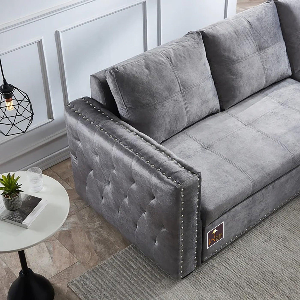 Modern Style 5 Seater Right-Side L-Shape Sofa Cum Bed with Comfort Cushion - WoodenTwist
