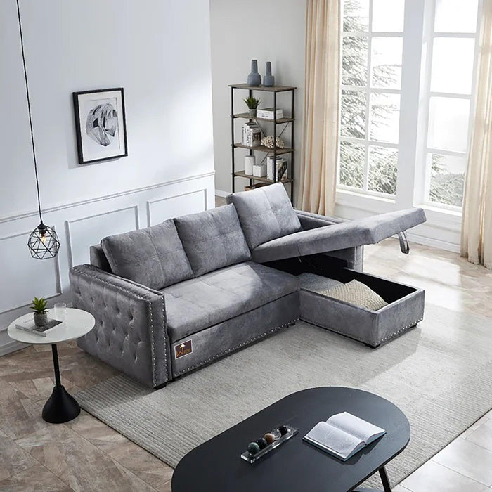 Modern Style 5 Seater Right-Side L-Shape Sofa Cum Bed with Comfort Cushion - WoodenTwist