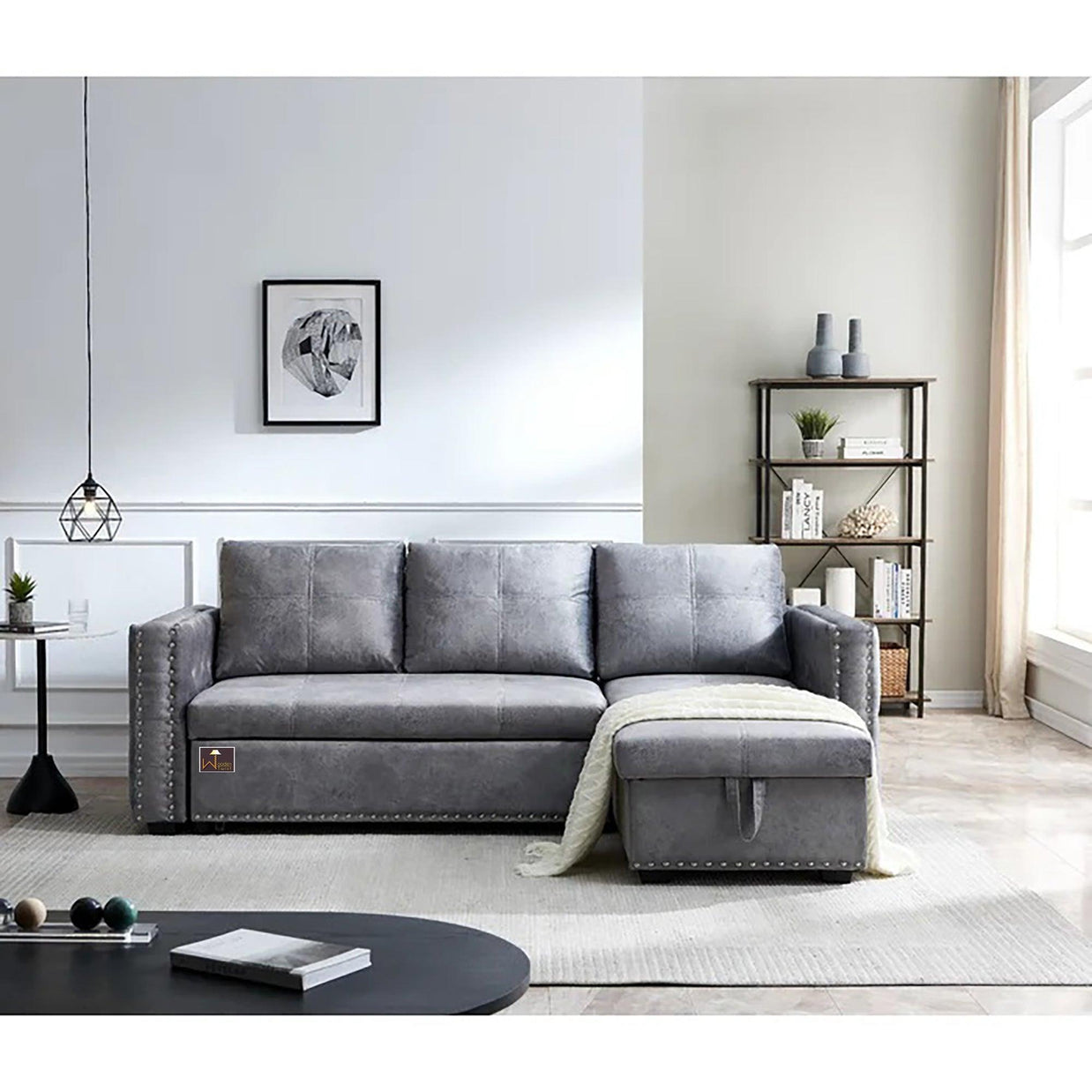 Modern Style 5 Seater Right-Side L-Shape Sofa Cum Bed with Comfort Cushion - WoodenTwist