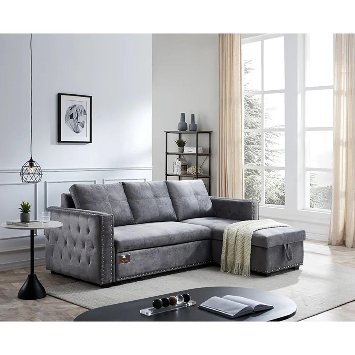 Modern Style 5 Seater Right-Side L-Shape Sofa Cum Bed with Comfort Cushion - WoodenTwist