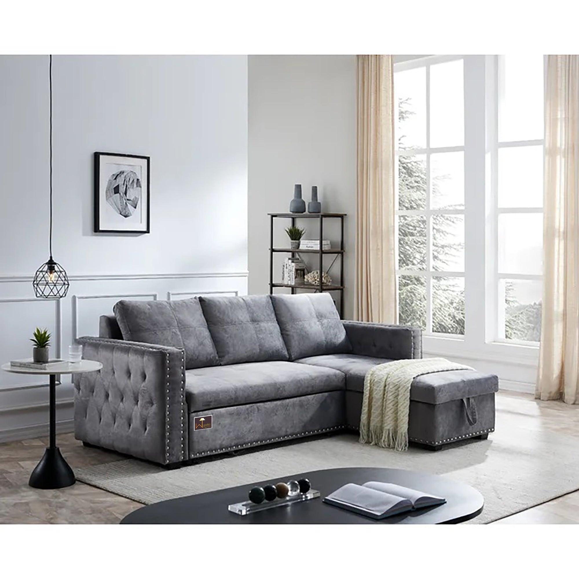 Modern Style 5 Seater Right-Side L-Shape Sofa Cum Bed with Comfort Cushion - WoodenTwist