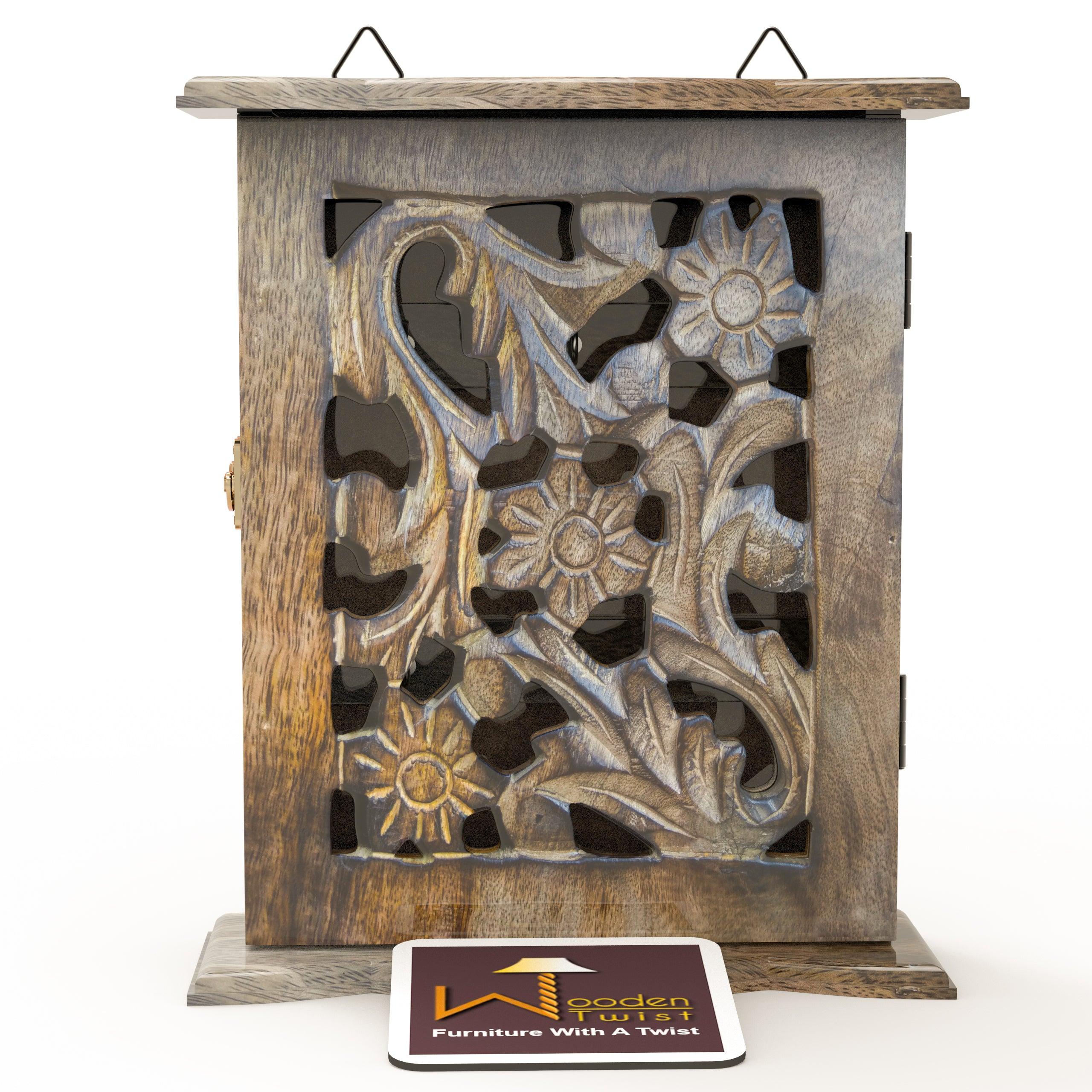 Wooden Hand Carved Key Holder Key Hanging Box - WoodenTwist