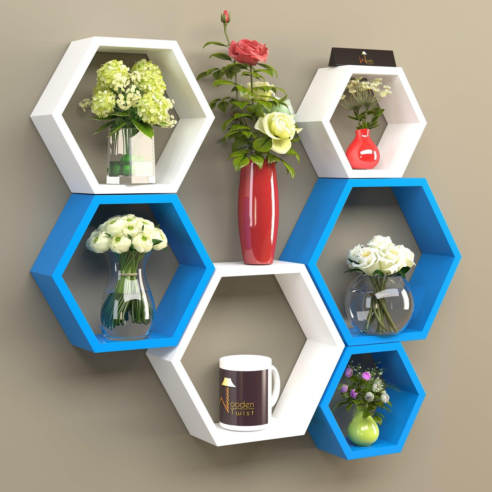 Hexagonal Shape Wooden Floating Wall Shelves (Set of 6) - WoodenTwist