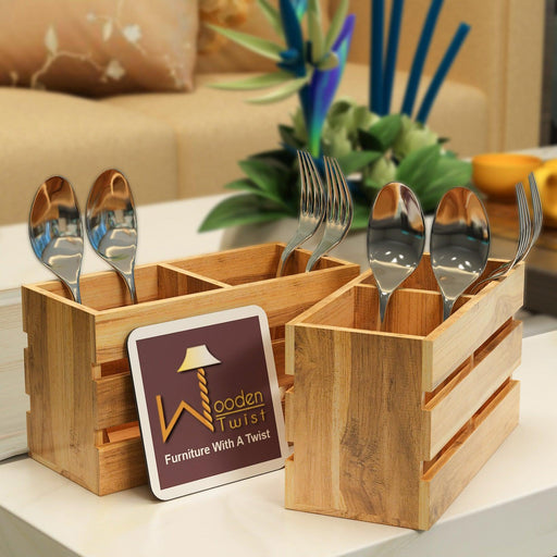 Handmade Teak Wood Besteck Cutlery Holder (Set of 2) - WoodenTwist