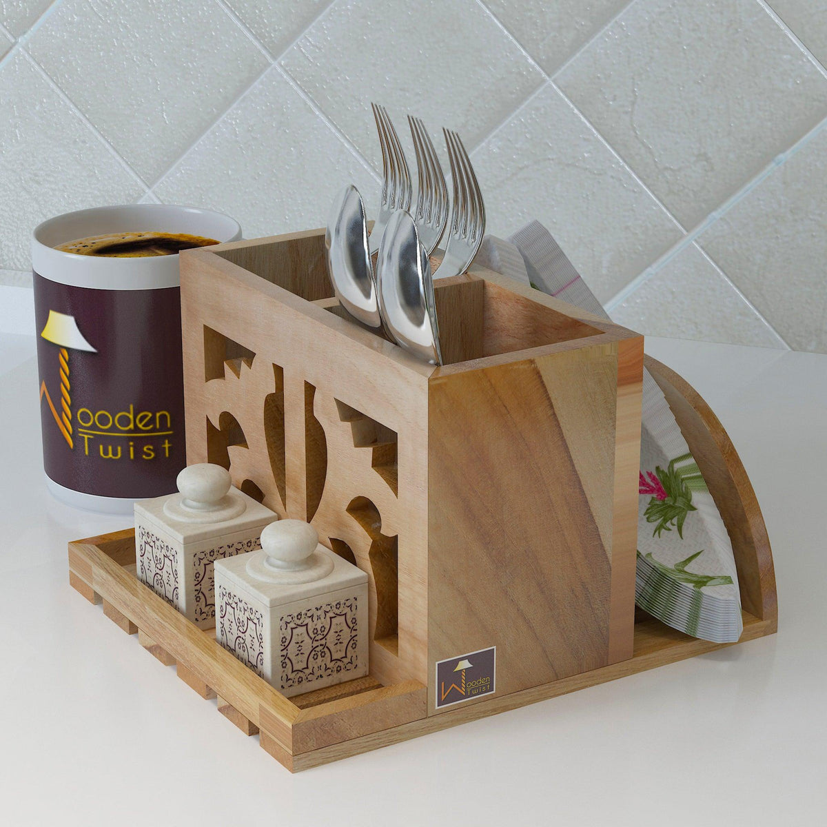 Néos Premium Teak Wood Cutlery and Tissue Holder - WoodenTwist