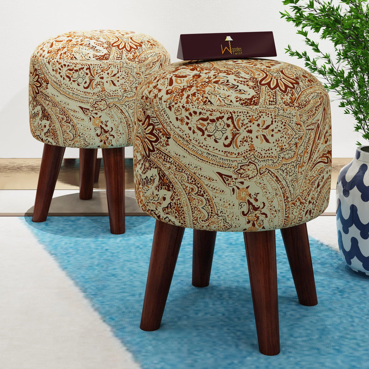 Wooden Twist Puffy Ottoman Stool For Living Room Set of 2 - WoodenTwist