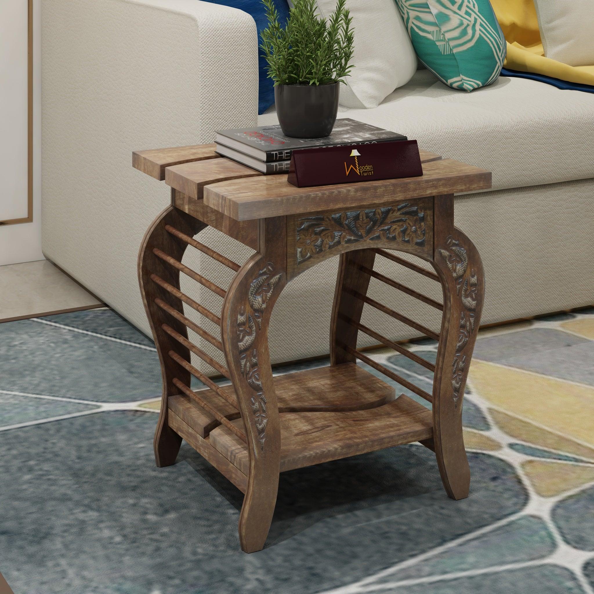 Wooden Twist Wavy Square Mango Wood End Table ( Brown ) - WoodenTwist